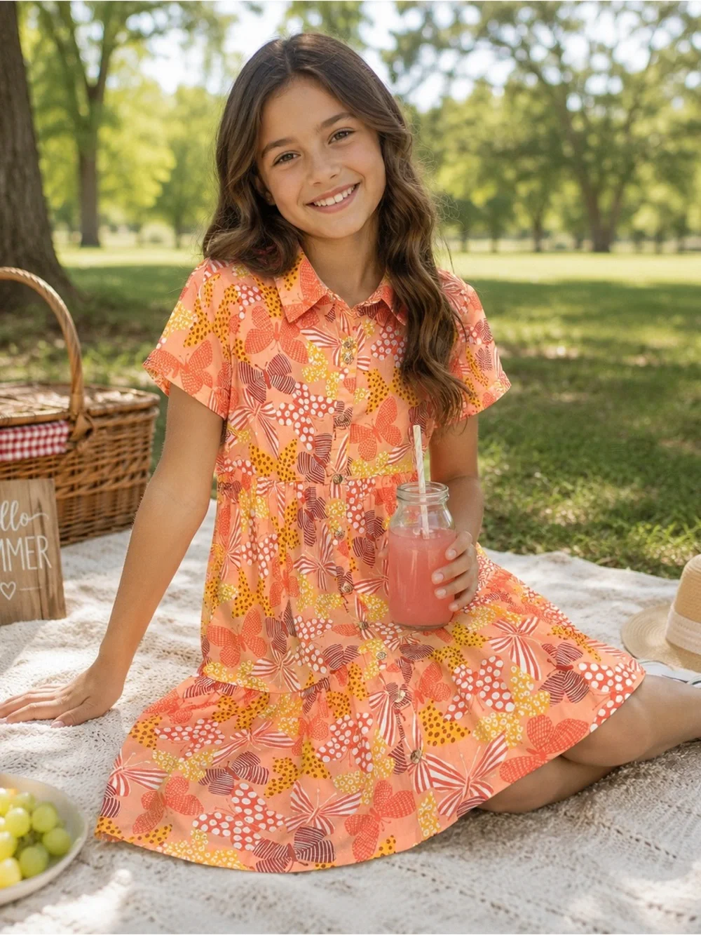 Vince Camuto Girls' Coral Floral Button-Front Summer Dress Size 10